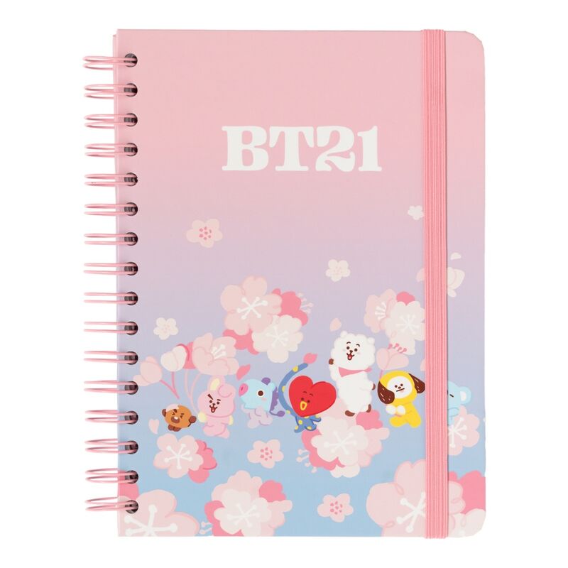 Vue de face du cahier BT21 Sakura A5 ERIK avec couverture rigide rose et illustration BT21