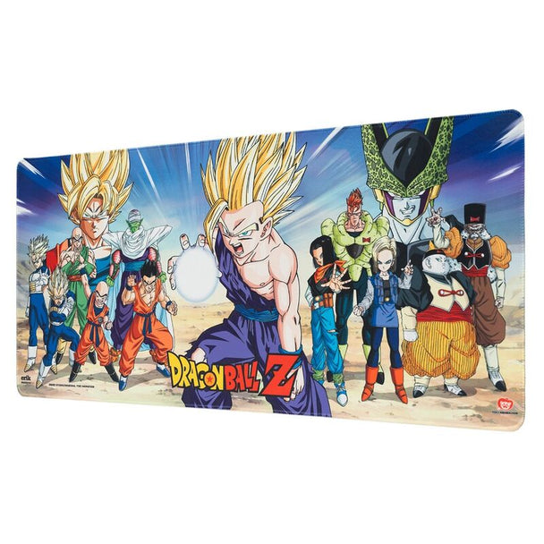 Vue de dessus du tapis de bureau gaming Dragon Ball Z ERIK montrant le design coloré et les dimensions 80x35cm