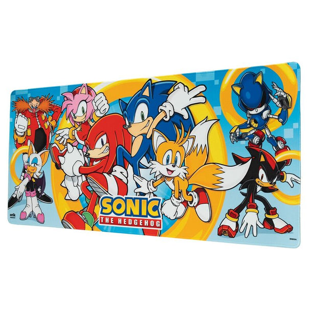 Vue rapprochée du tapis gaming Sonic the Hedgehog ERIK avec surface textile waterproof et motifs colorés