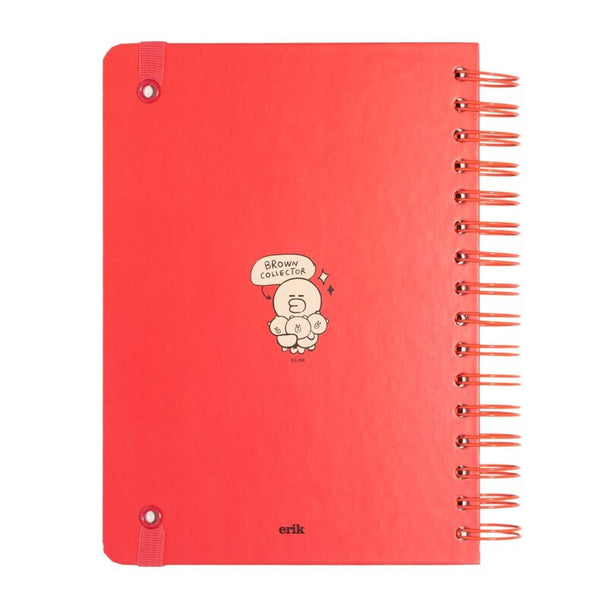 Vue ouverte du cahier Line Friends ERIK montrant les feuilles blanches au format A5 et la reliure wire-o métallique