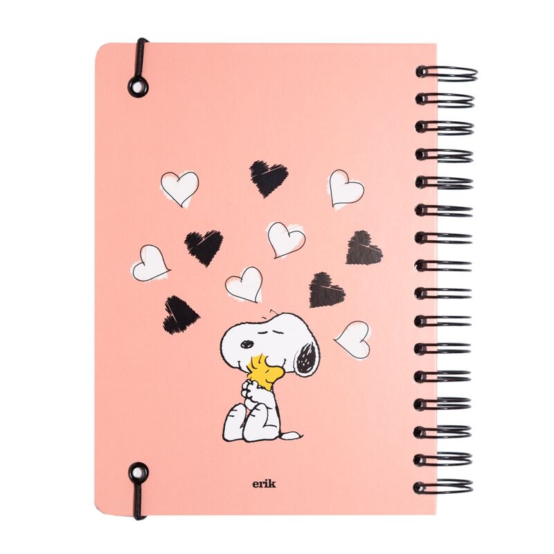 Vue rapprochée de la reliure wire-o robuste du carnet Snoopy A5 ERIK