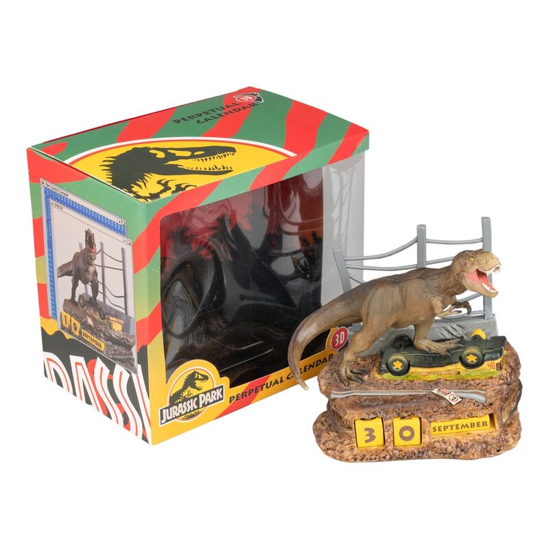 Calendrier perpétuel Jurassic Park présenté sur une étagère, décorant un espace intérieur moderne