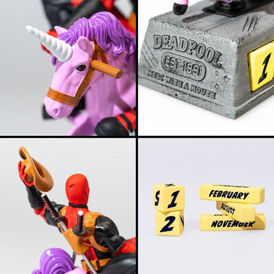 Calendrier perpétuel Deadpool avec ses blocs de date et mois interchangeables