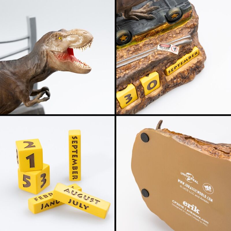 Gros plan sur le mécanisme du calendrier perpétuel Jurassic Park, montrant la qualité artisanale de la peinture