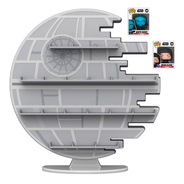 Vue rapprochée du présentoir Funko Bitty POP Death Star montrant les détails des figurines et du support en acrylique
