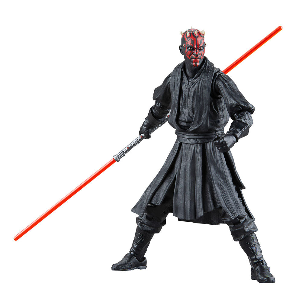 Vue latérale gauche de la figurine Darth Maul montrant les détails de la cape noire