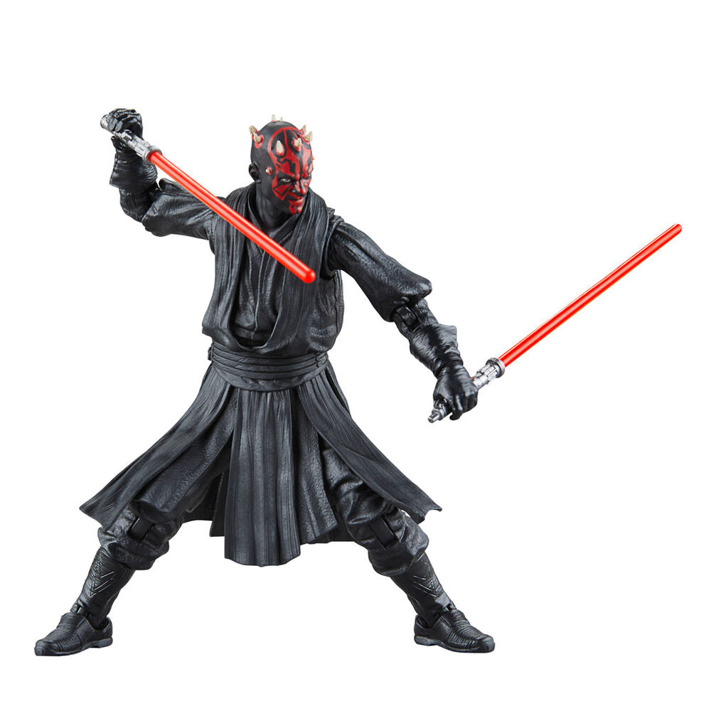 Figurine Darth Maul posée en posture de combat dynamique avec sabre laser activé