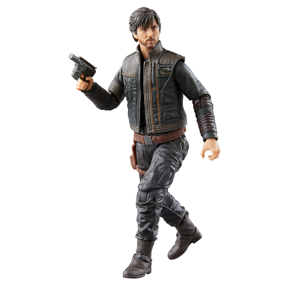 Vue latérale de la figurine Cassian Andor avec accessoires inclus
