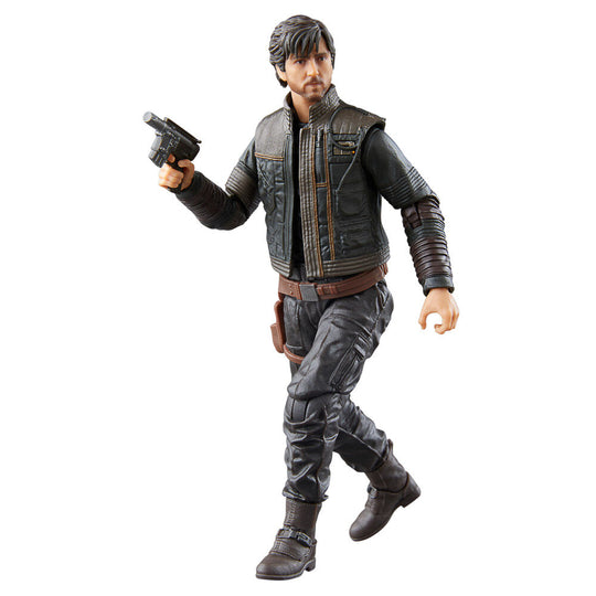 Vue latérale de la figurine Cassian Andor avec accessoires inclus