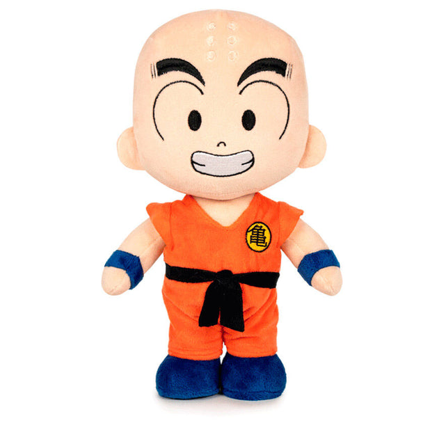 Peluche Krillin Dragon Ball de 28cm signée PLAY BY PLAY, vue de face avec détails précis du visage et costume.