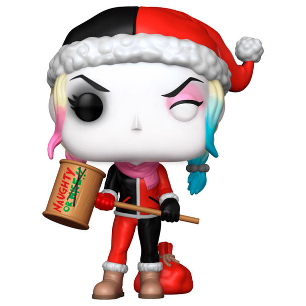 Vue rapprochée de la figurine Harley Quinn Holiday Funko POP en vinyl coloré et détaillé