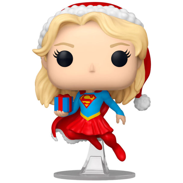 Boîte cadeau de la figurine Funko POP Supergirl DC Comics Holiday, affichant le logo DC et les couleurs de Noël