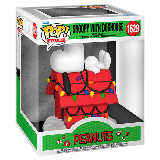 Vue rapprochée de la figurine Snoopy avec sa niche, montrant les détails précis et les couleurs vives de FUNKO POP