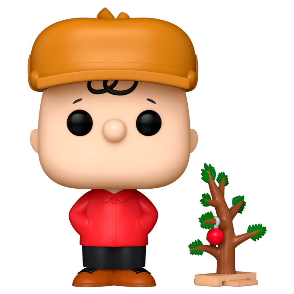 Figurine Funko POP Charlie Brown Peanuts en vinyl de 9 cm avec arbre, vue de face dans sa boîte cadeau
