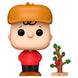 Figurine Funko POP Charlie Brown Peanuts en vinyl de 9 cm avec arbre, vue de face dans sa boîte cadeau