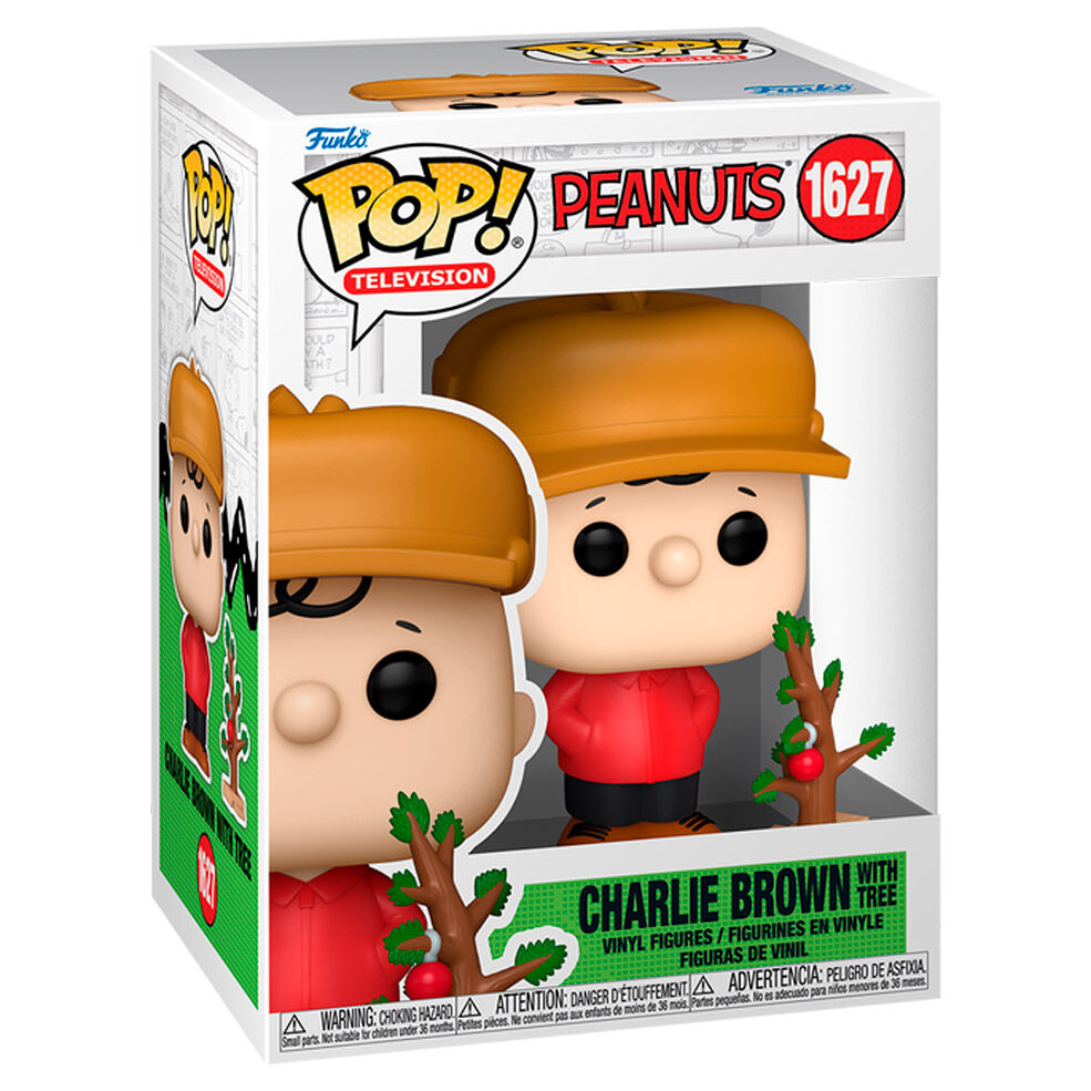 Détail de la figurine Funko POP Charlie Brown avec arbre, montrant les couleurs vives et la finition en vinyl