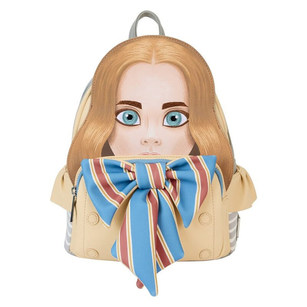Vue de face du sac à dos Loungefly Megan M3gan avec son design distinctif et coloré
