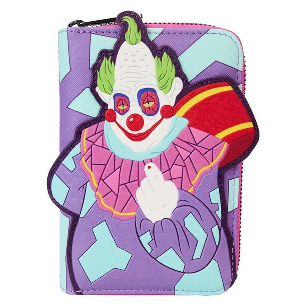 Vue avant du portefeuille Loungefly Killer Klowns en cuir vegan violet avec motifs géométriques bleus