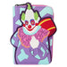 Vue avant du portefeuille Loungefly Killer Klowns en cuir vegan violet avec motifs géométriques bleus