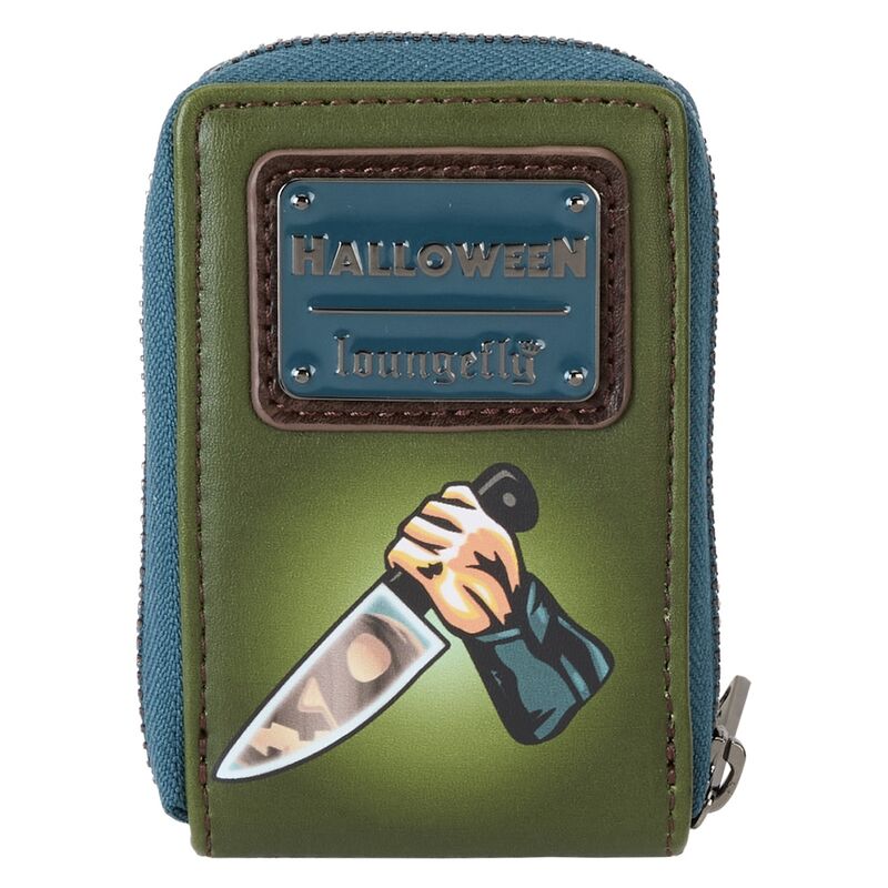 Vue avant du porte-cartes Loungefly Halloween Michael Myers en cuir vegan avec appliqués phosphorescents