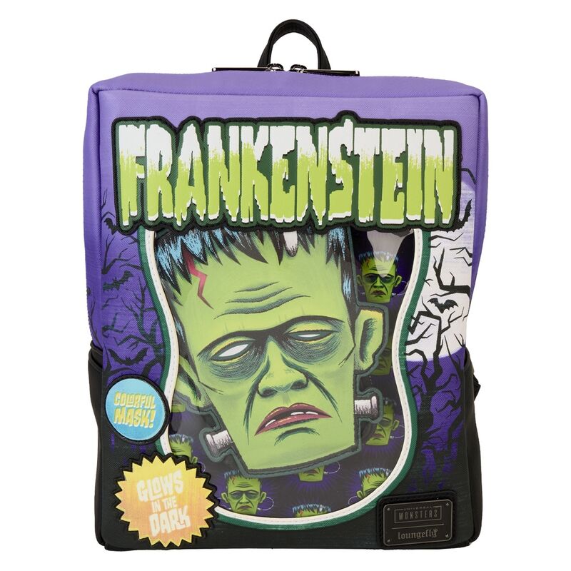 Sac à dos Loungefly Frankenstein Neon Mask en cuir vegan avec détails néon verts phosphorescents