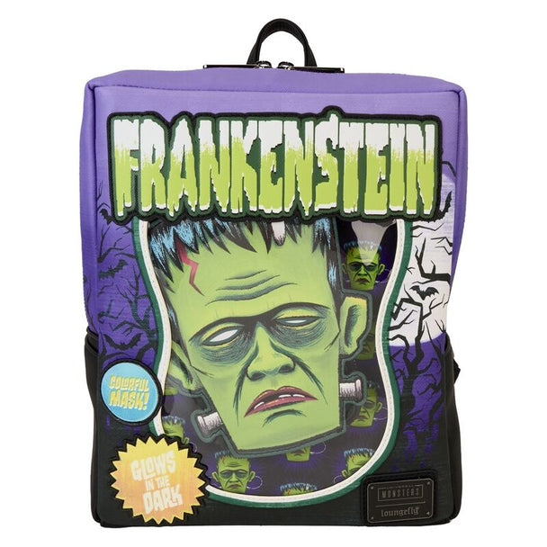Sac à dos Loungefly Frankenstein Neon Mask en cuir vegan avec détails néon verts phosphorescents