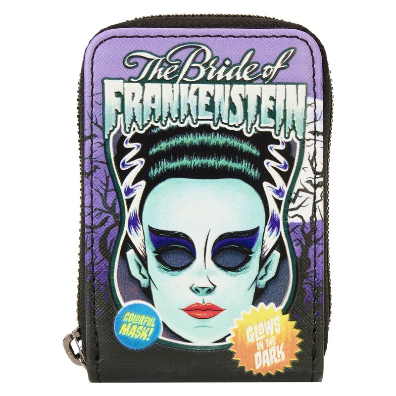 Porte-cartes Loungefly Bride of Frankenstein Neon vue de face avec détails phosphorescents et broderies.
