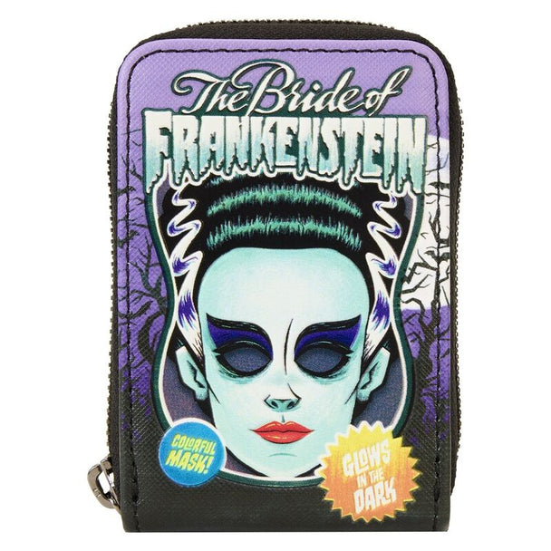 Porte-cartes Loungefly Bride of Frankenstein Neon vue de face avec détails phosphorescents et broderies.