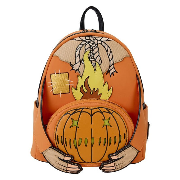 Sac à dos Loungefly Sam Trick 'r Treat vue de face avec éclairage LED allumé et détails phosphorescents