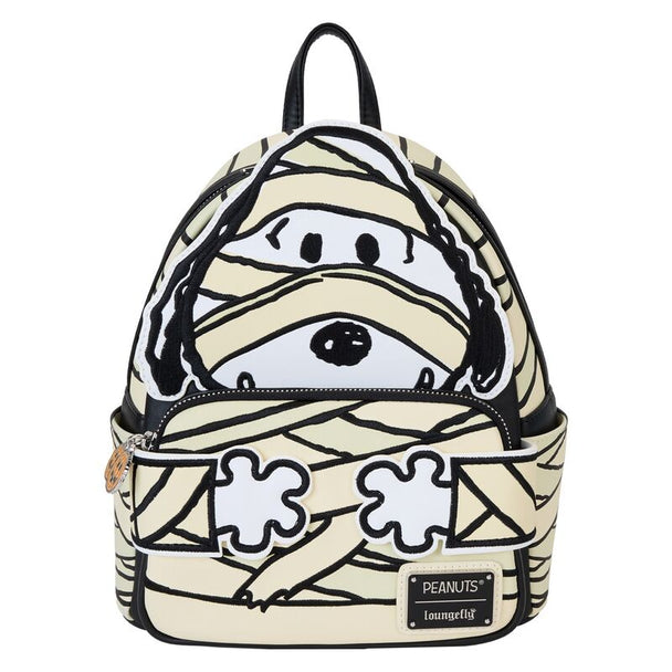 Vue de face du sac à dos Loungefly Snoopy Momie avec appliqués et broderies détaillés