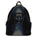 Vue de face du sac à dos Loungefly The Nun montrant le compartiment principal zippé et les appliqués