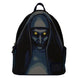 Vue de face du sac à dos Loungefly The Nun montrant le compartiment principal zippé et les appliqués