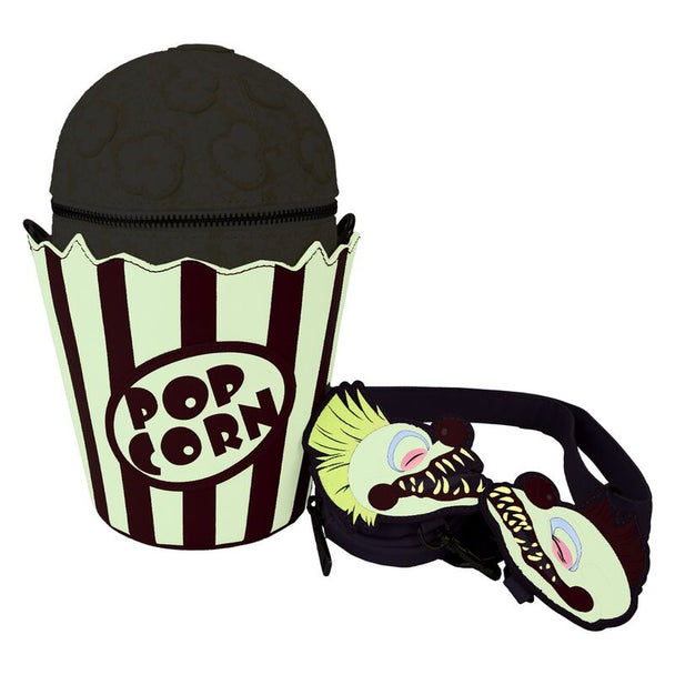 Détail des appliqués phosphorescents et imprimés sur le sac popcorn Killer Klowns Loungefly