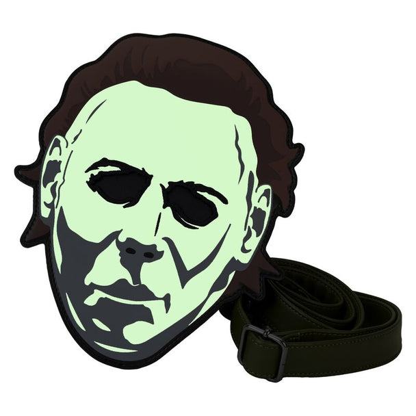 Zoom sur la fermeture éclair bronze du sac Loungefly Michael Myers Halloween avec bandoulière ajustable
