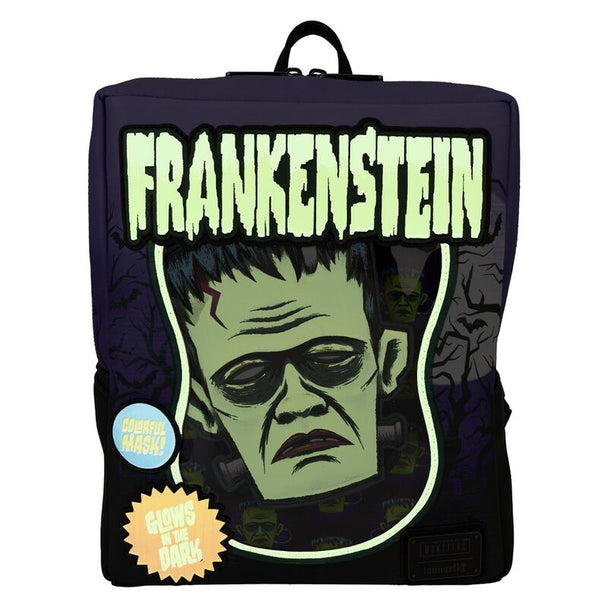 Vue de face du sac à dos Frankenstein avec bretelles rembourrées et coutures vertes lumineuses