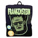 Vue de face du sac à dos Frankenstein avec bretelles rembourrées et coutures vertes lumineuses