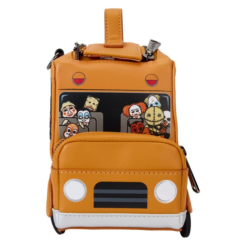 Vue de face du sac Loungefly Sam avec compartiment avant zippé et finition en métal bronze