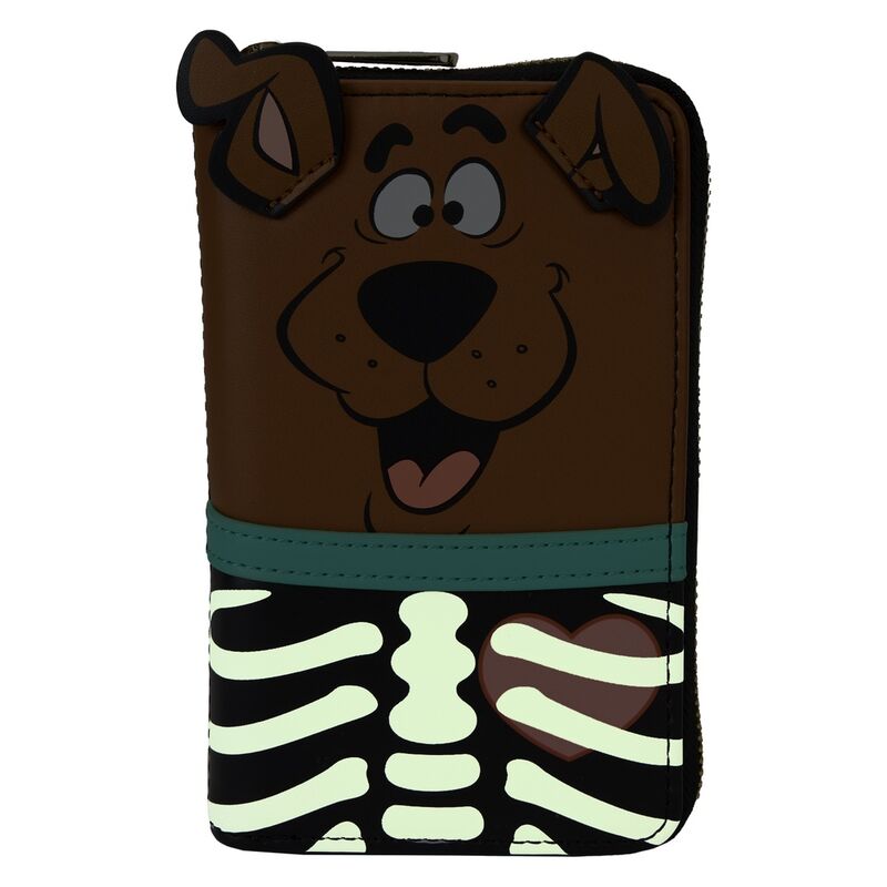 Détail des appliqués et impressions phosphorescentes sur le portefeuille Scooby Doo Loungefly