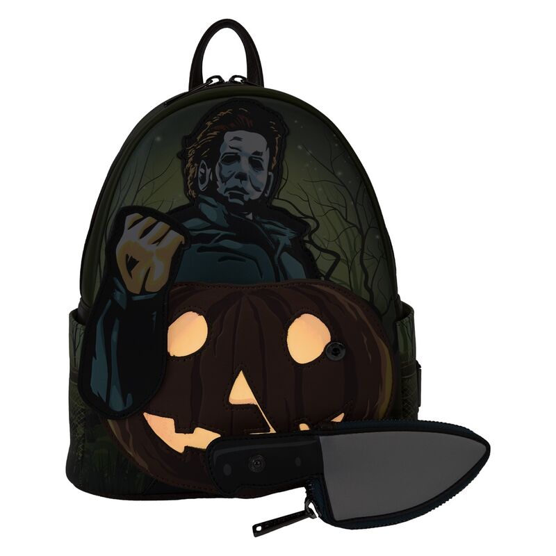 Poches latérales du sac à dos avec illustrations de branches sombres, herbes et barbelés sur le modèle Michael Myers Halloween