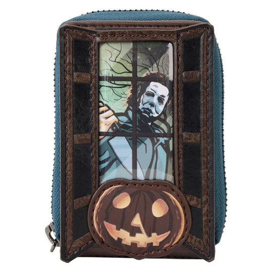 Gros plan sur les détails imprimés et le PVC transparent phosphorescent du porte-cartes Loungefly