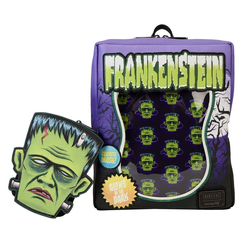 Pochette amovible phosphorescente verte avec broderies sur le sac à dos Frankenstein Loungefly