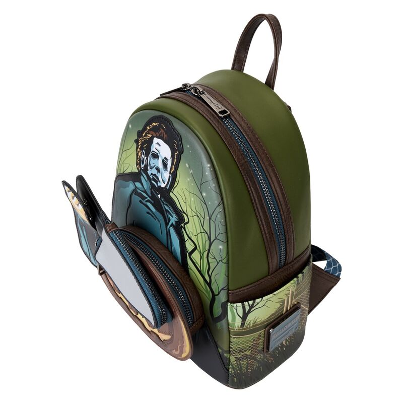 Détails des appliqués métalliques phosphorescents et doublure intérieure assortie du sac à dos Michael Myers Halloween Loungefly