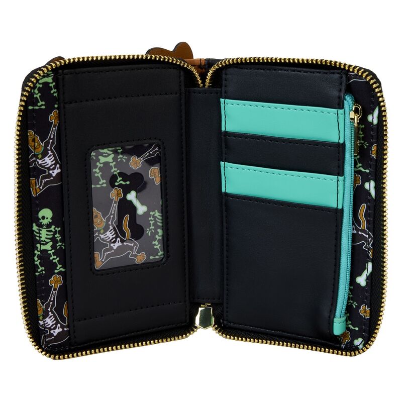 Présentation du portefeuille Loungefly Scooby Doo squelette avec sa doublure intérieure assortie