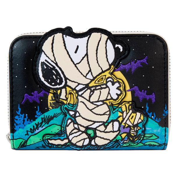 Portefeuille Loungefly Snoopy Momie en cuir vegan avec fermeture éclair argentée et détails phosphorescents