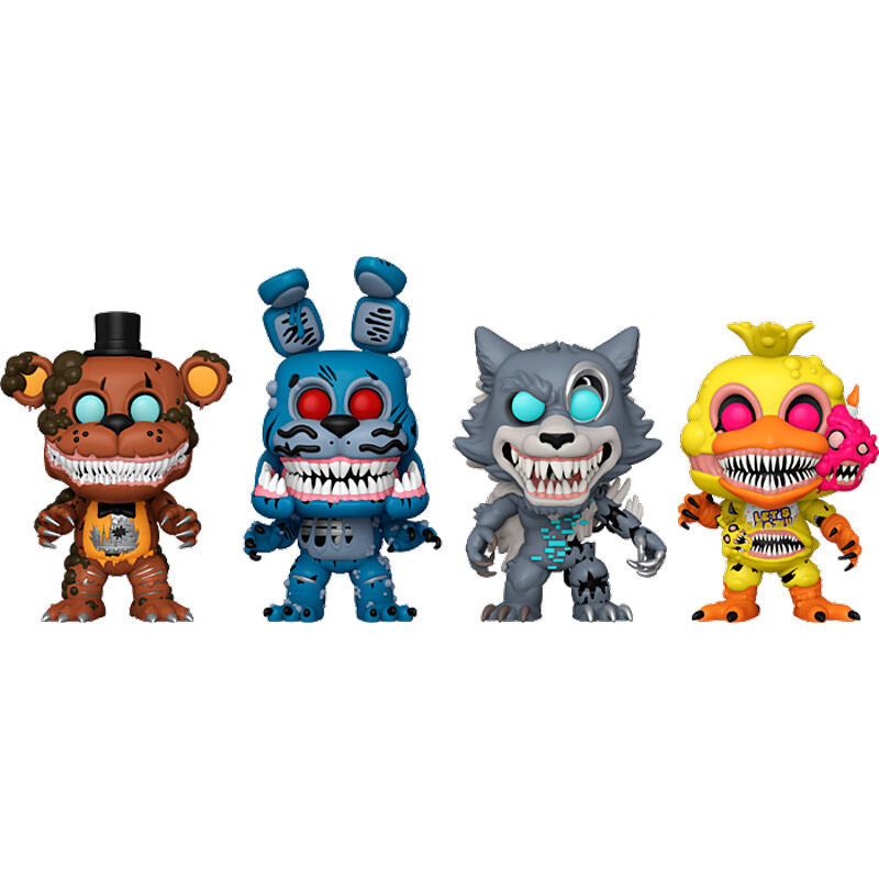 Pack exclusif Funko POP Five Nights at Freddy's avec 4 figurines Twisted Freddy, Bonnie, Wolf et Chica en vue avant détaillée