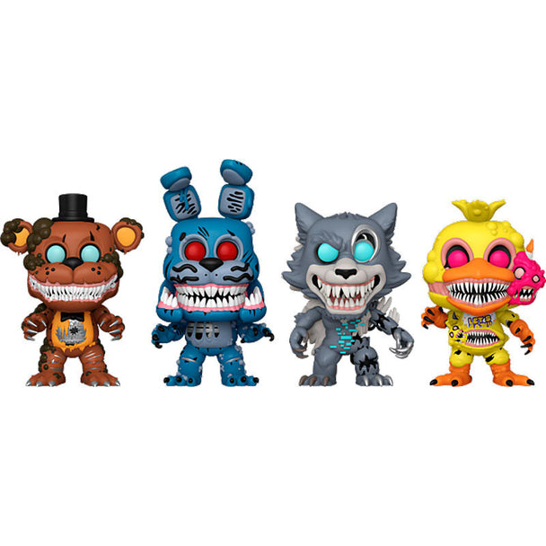 Pack exclusif Funko POP Five Nights at Freddy's avec 4 figurines Twisted Freddy, Bonnie, Wolf et Chica en vue avant détaillée