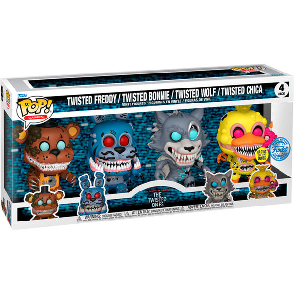 Vue rapprochée des figurines Funko POP Five Nights at Freddy's Twisted, montrant les détails uniques et la finition soignée du pack exclusif