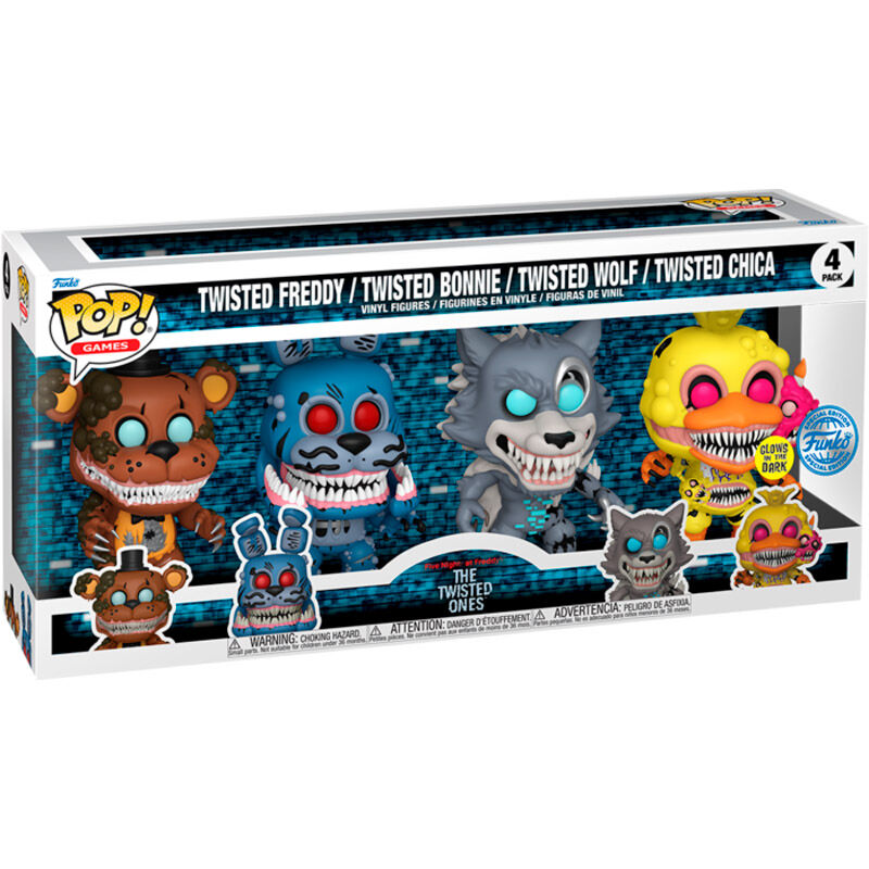 Vue rapprochée des figurines Funko POP Five Nights at Freddy's Twisted, montrant les détails uniques et la finition soignée du pack exclusif