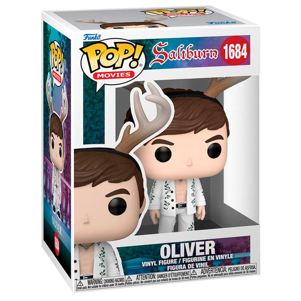 Vue rapprochée de la figurine Funko POP Oliver Quick Saltburn montrant les finitions soignées et le design original.