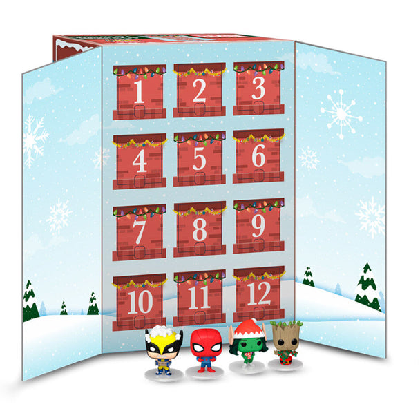 Calendrier de l'Avent Marvel 12 jours avec portes à ouvrir et figurines Funko Pocket Pops visibles